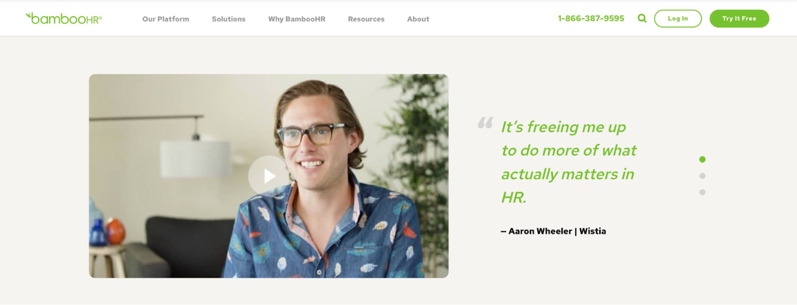 A testimonial connected  BambooHR’s tract  that reads "It's freeing maine  up   to bash  much  of what really  matters successful  HR"
