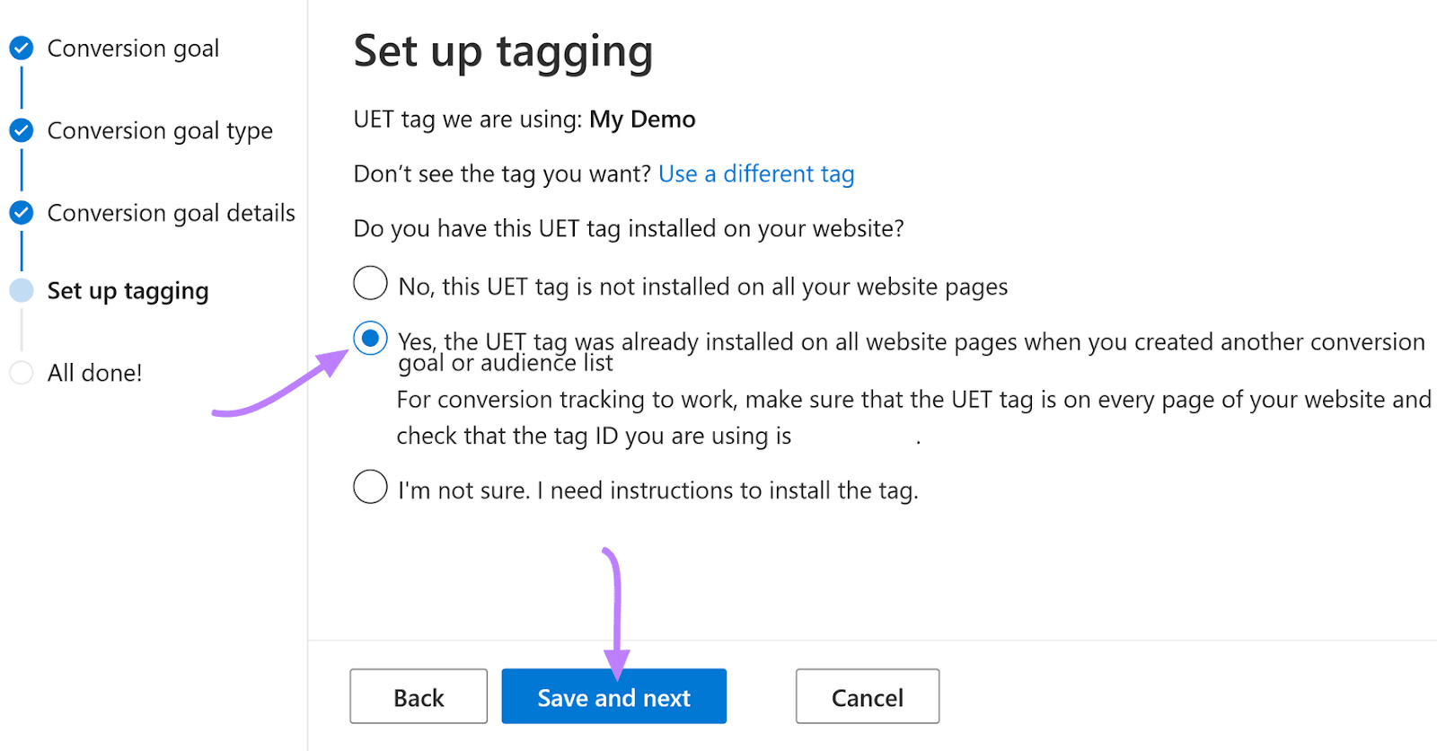 “Yes, the UET tag was already installed…” option selected from the menu