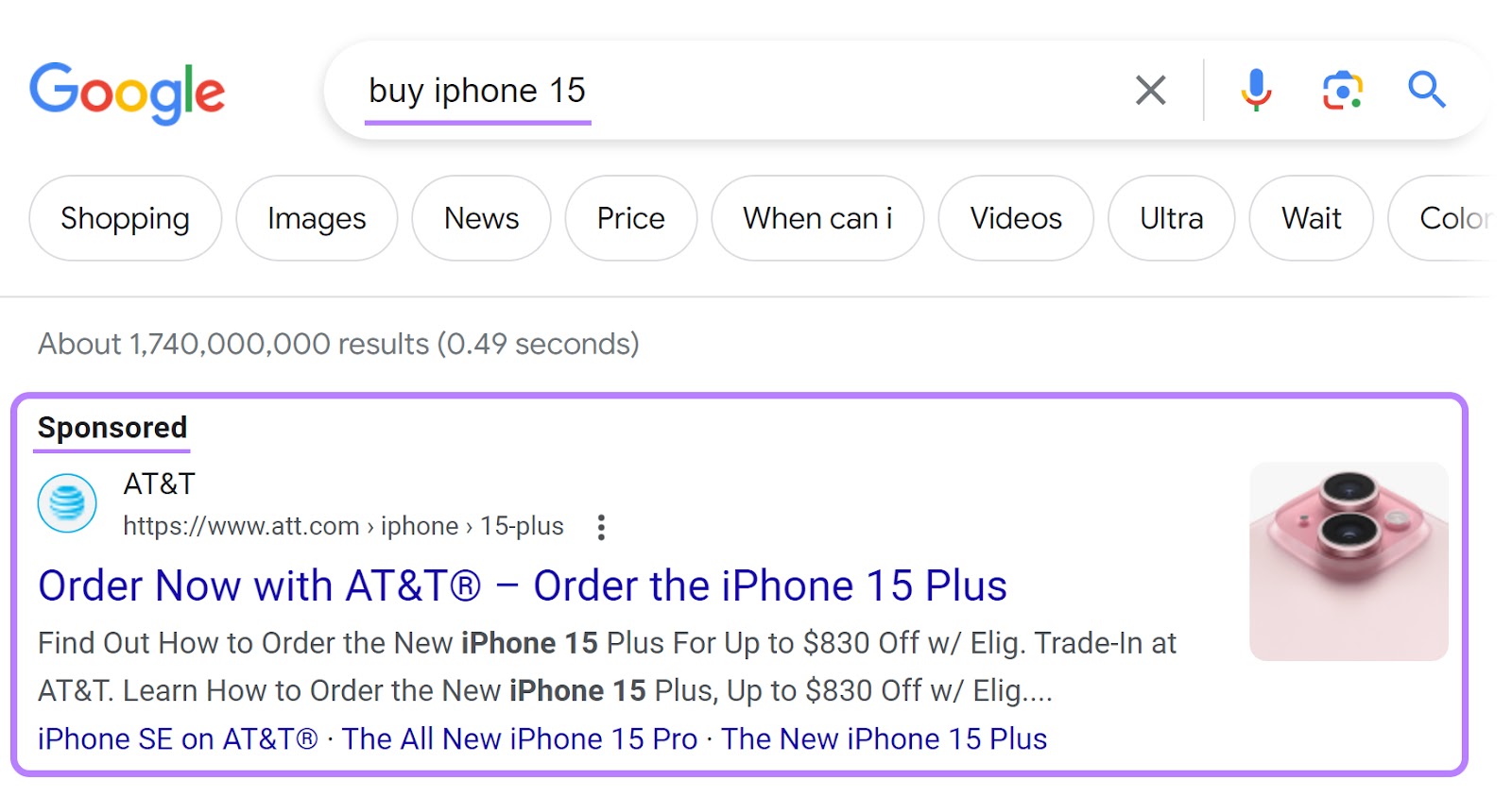 pay-per-click ad for "buy iphone 15" search on Google