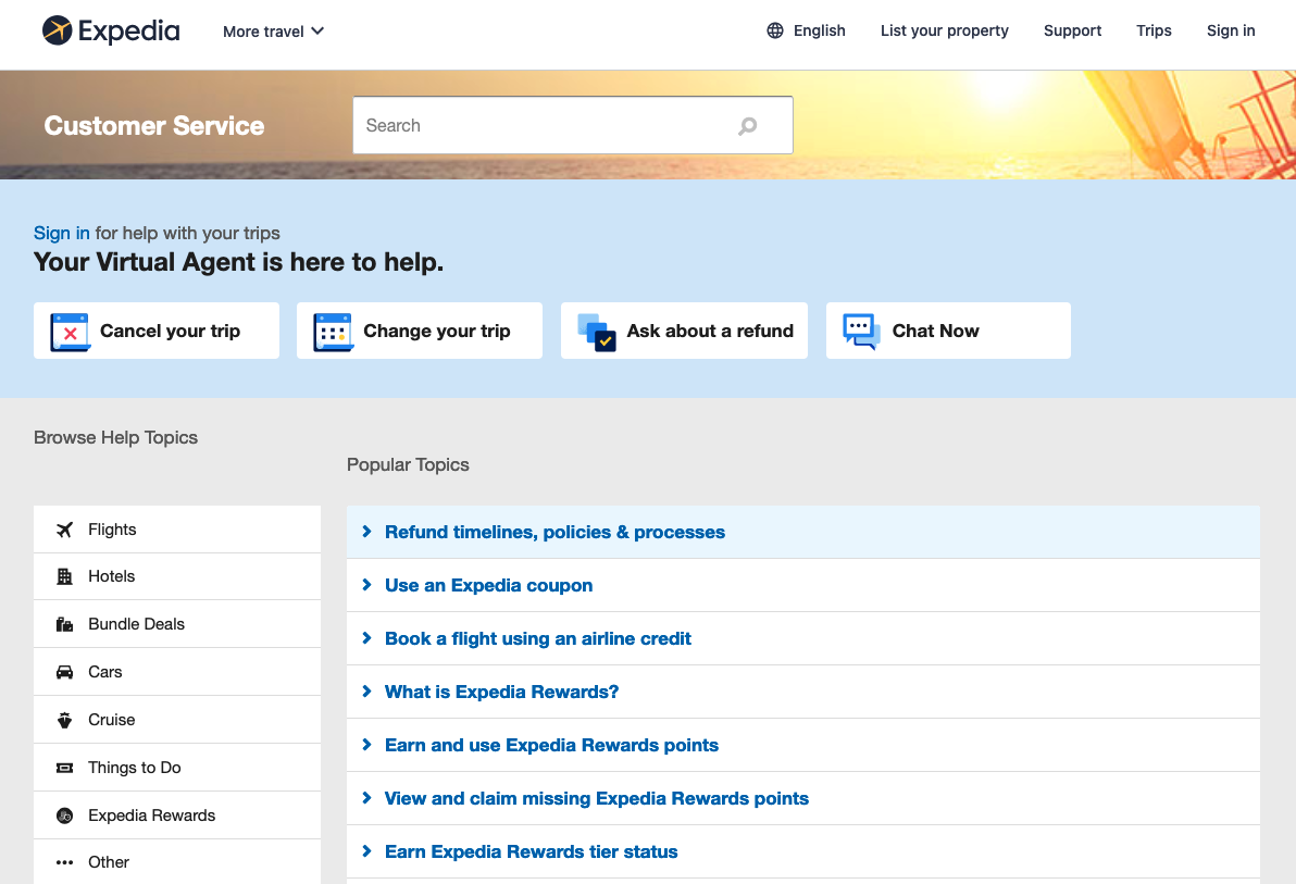 Expedia’s support page