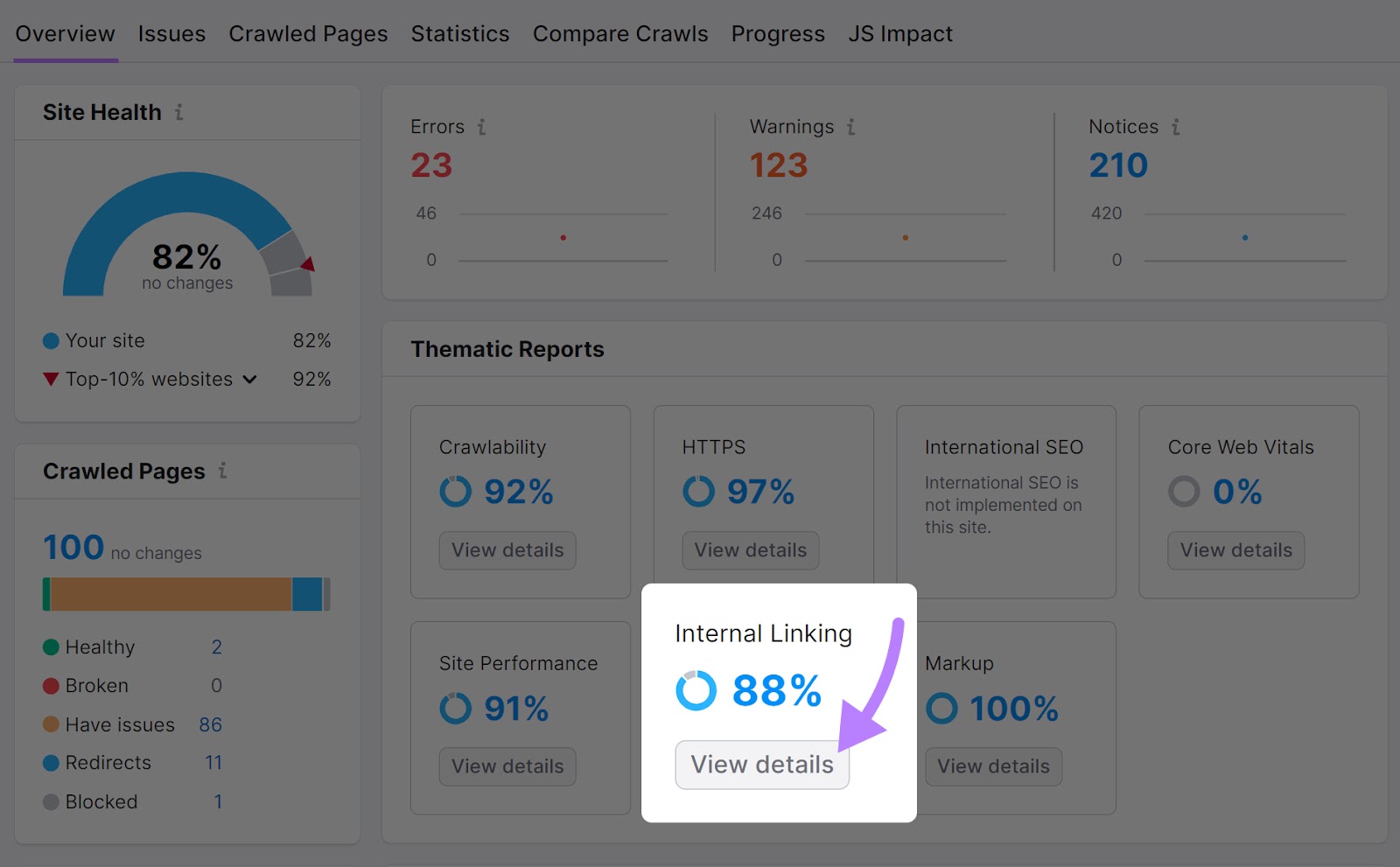 “Internal Linking” section highlighted in Site Audit's overview dashboard