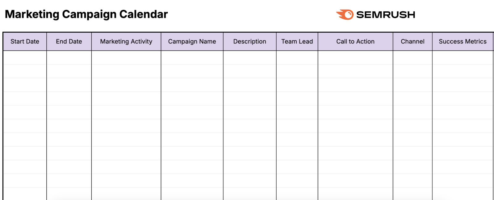 A blank marketing campaign calendar template.