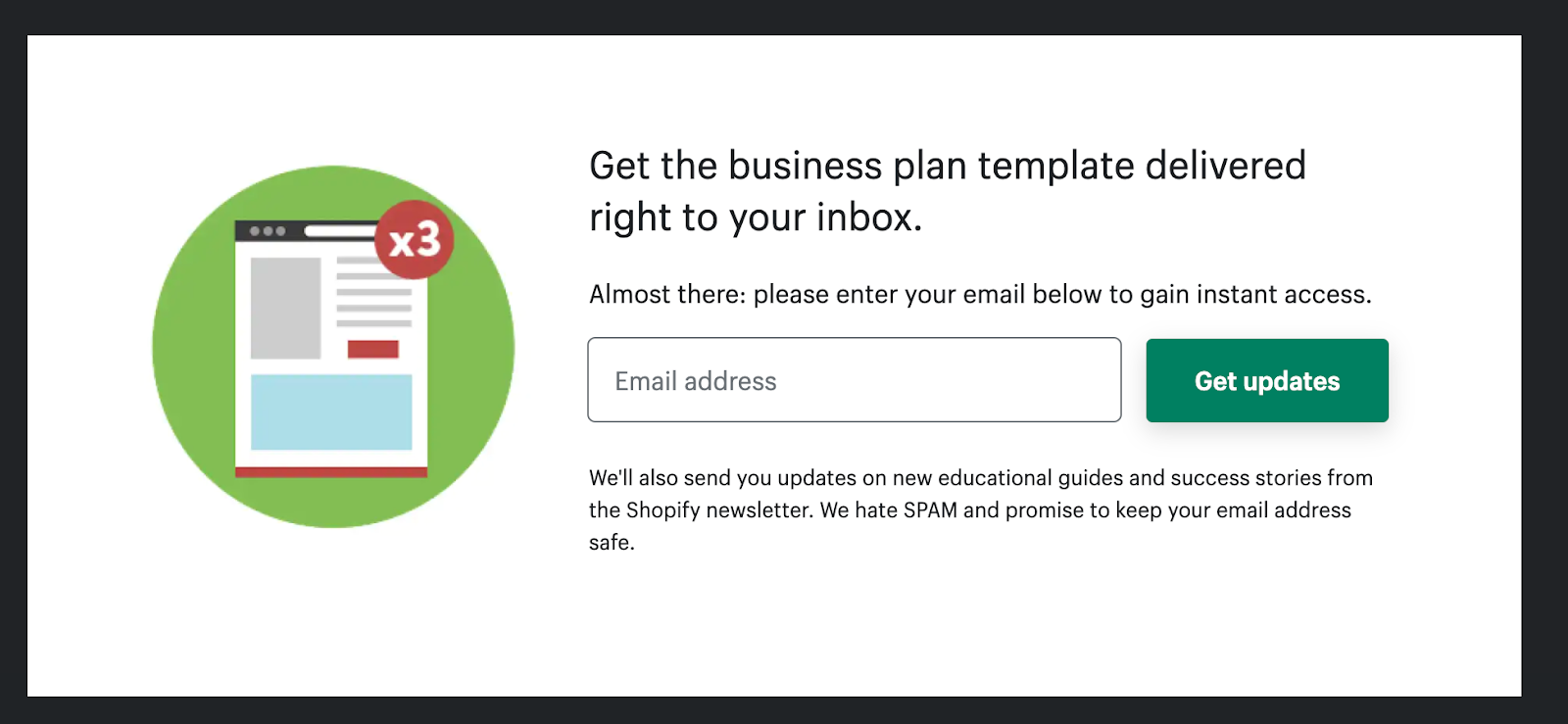 Shopify's "Get the business plan template delivered right to your inbox." message