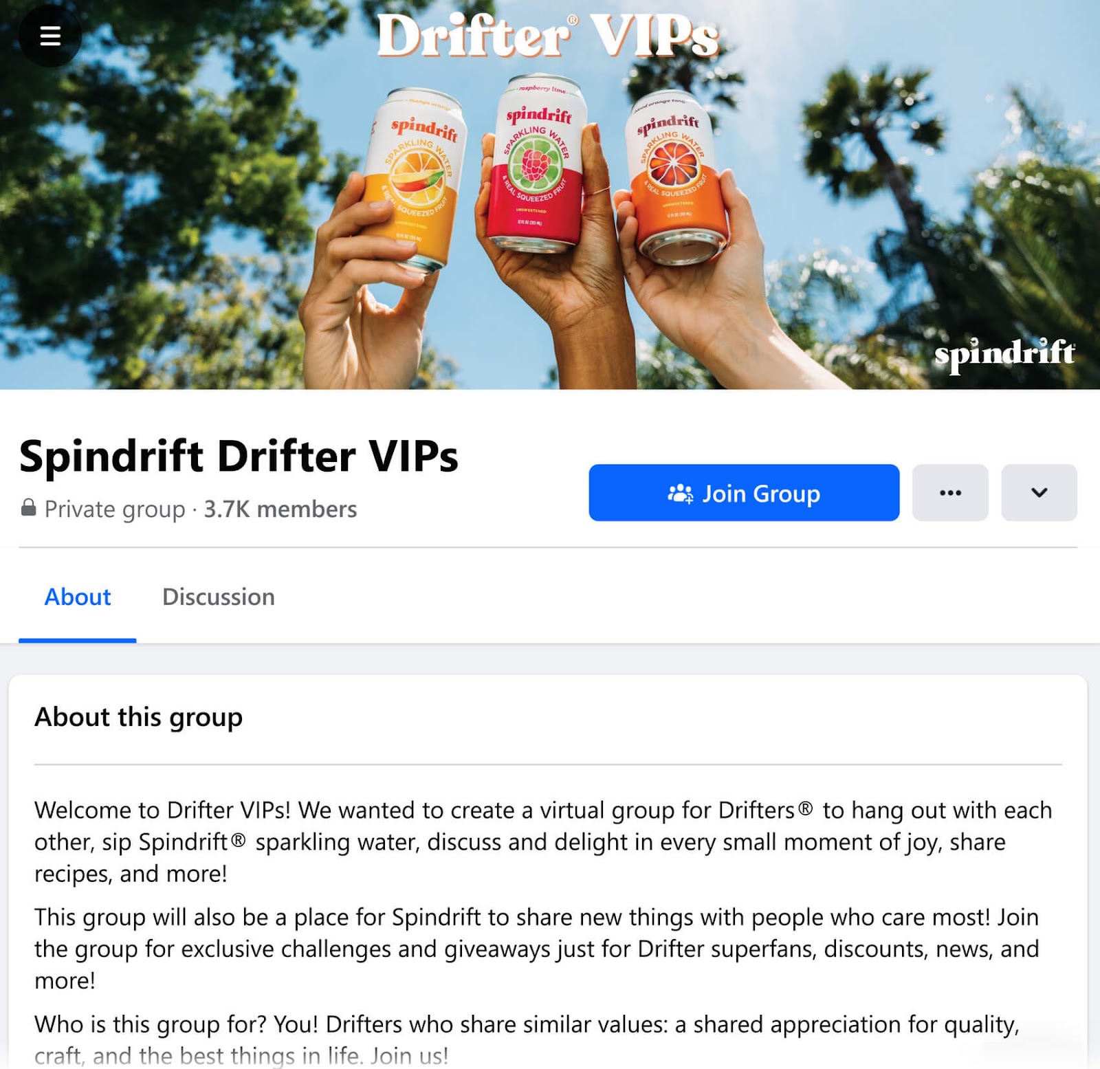 Spindrift Drifter VIPs private Facebook group with an open "About" section and visible "Join Group" button.