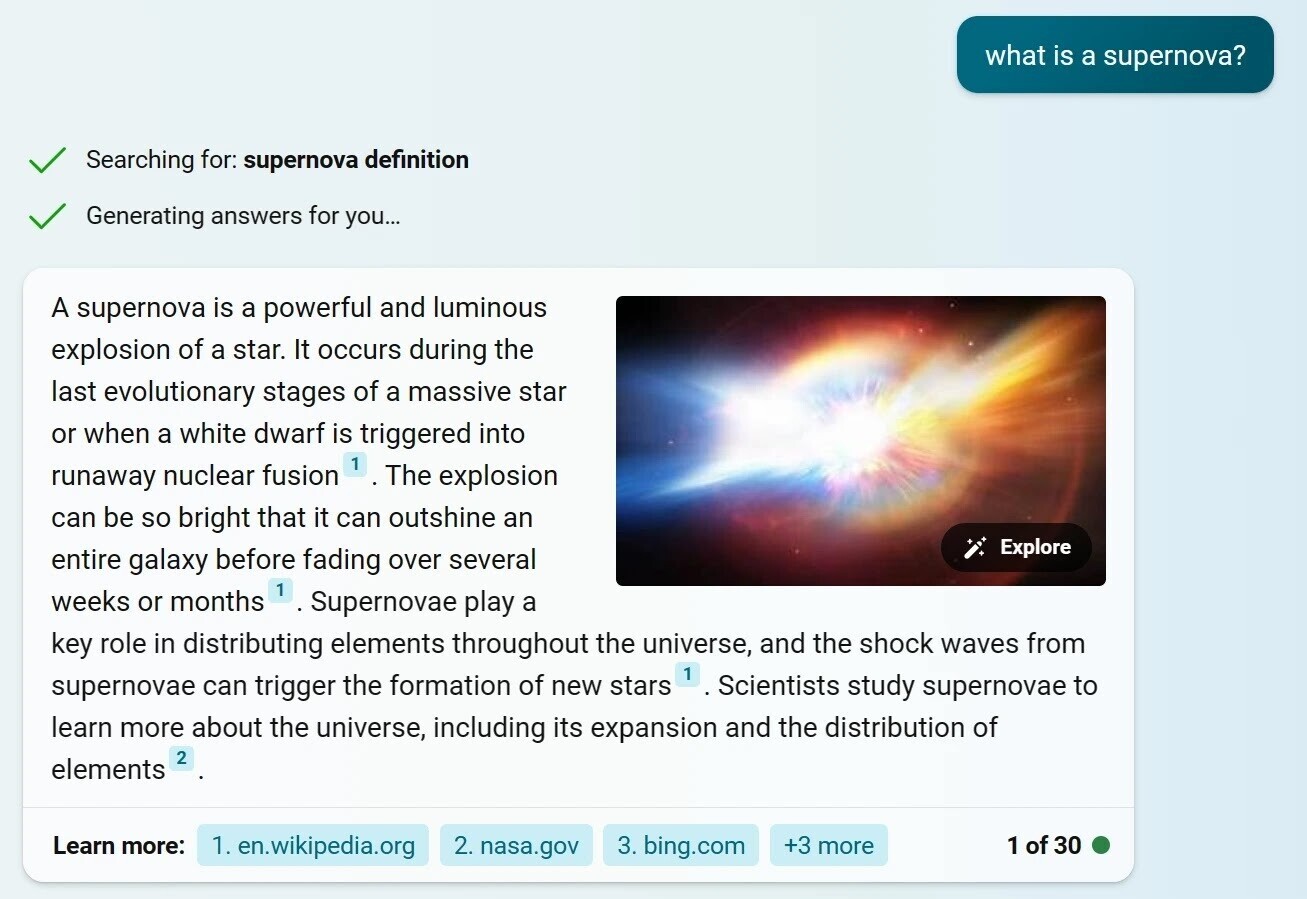 “More Precise” Bing Chat response for "what is a supernova" search query