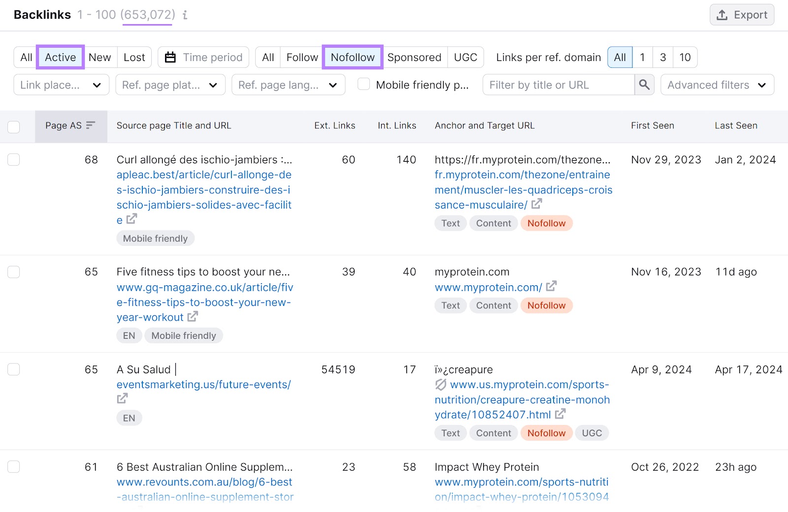 "Backlinks" section of the Backlink Analytics tool with "Active" and "Nofollow" filters highlighted