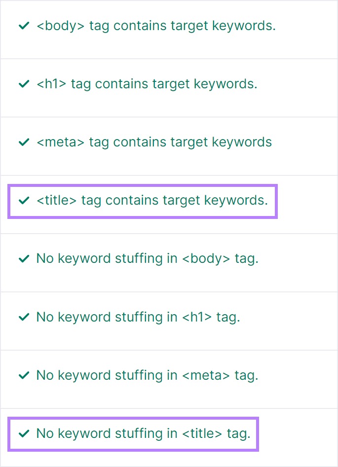 "<title> tag contains target keywords" and "No keyword stuffing in <title> tag" results highlighted from the list