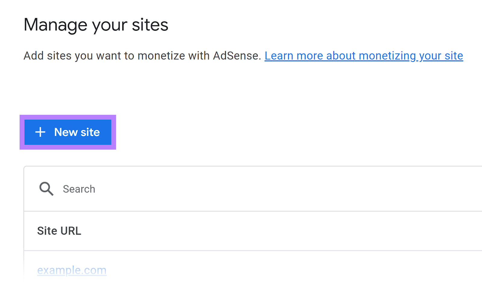 '+ New site' button highlighted