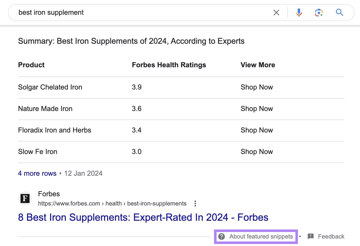 A featured snippet showing for "best iron supplement" query