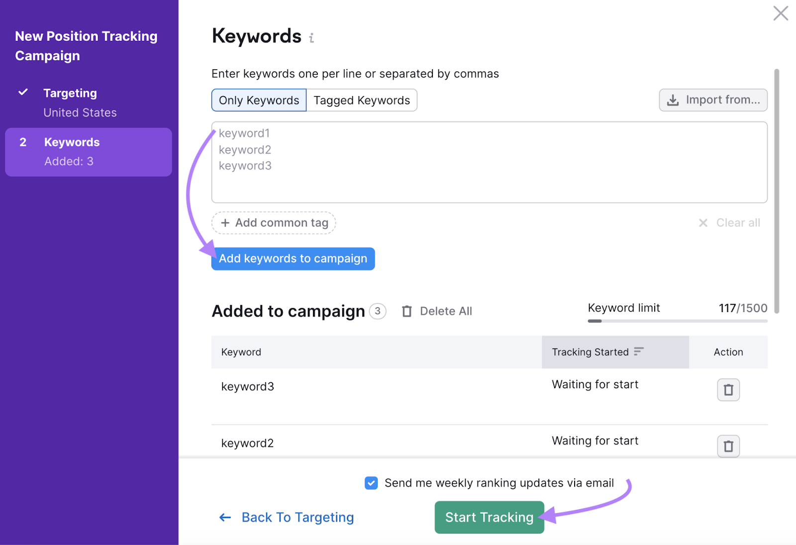 add keywords to campaign and other check boxes highlighted