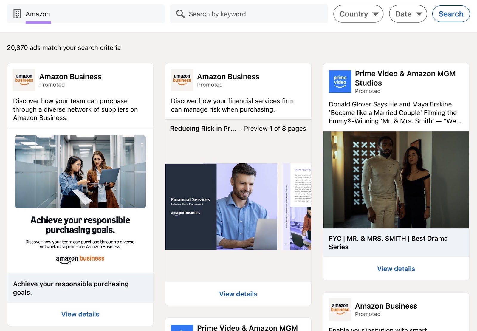 LinkedIn Ad Library with "Amazon" entered as the advertiser which shows the different ads they're running.