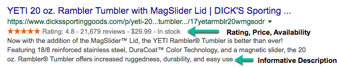 Screenshot of a Yeti Rambler Rich Result at Dick's Sporting Goods