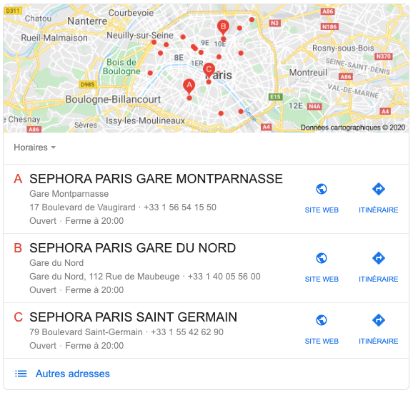 Local pack Sephora - Etude SEMrush