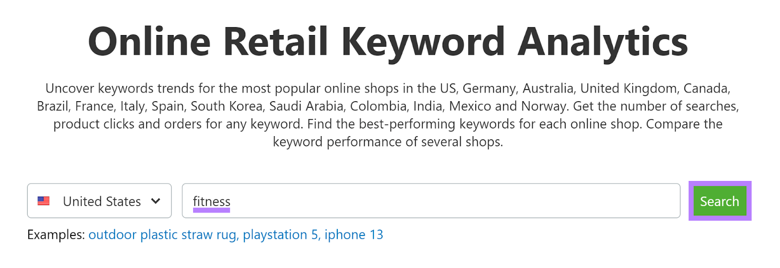 fitness keyword entered into Ecommerce Keyword Analytics tool field and Search button highlighted