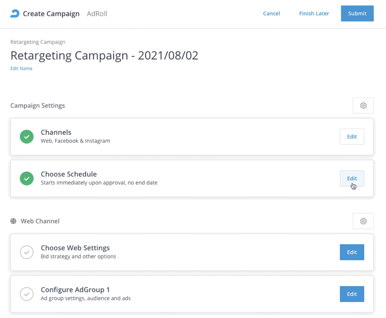 AdRoll's Create Campaign interface showing a retargeting run  settings