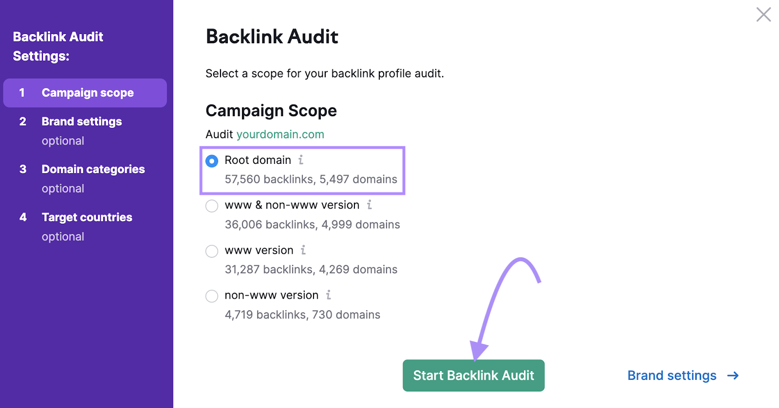 Backlink Audit tool settings window