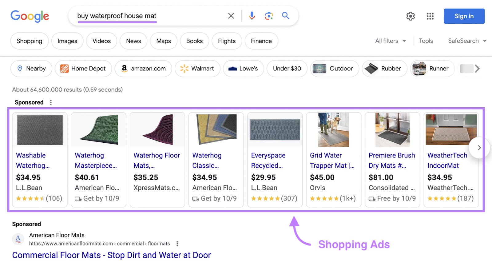 Google shopping ads appearing for “buy waterproof house mat" query