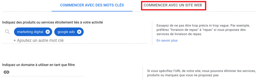 Google Keyword Planner, Commencer avec un site Web