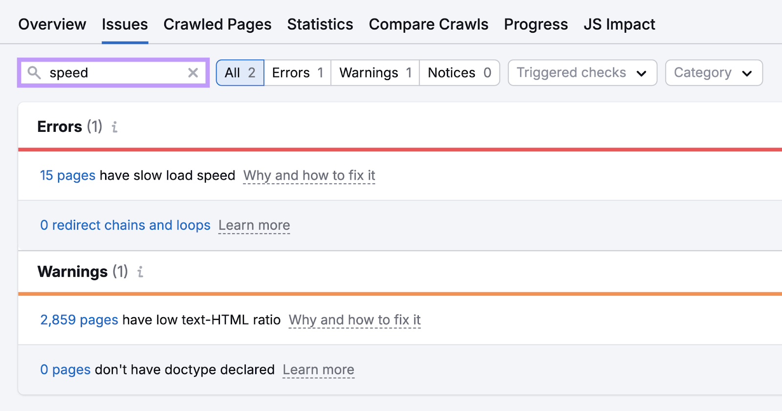 search for speed issues in site audit show pages with slow load speed, redirect chains and loops, pages with low text-html ratio, and pages without doctype declared