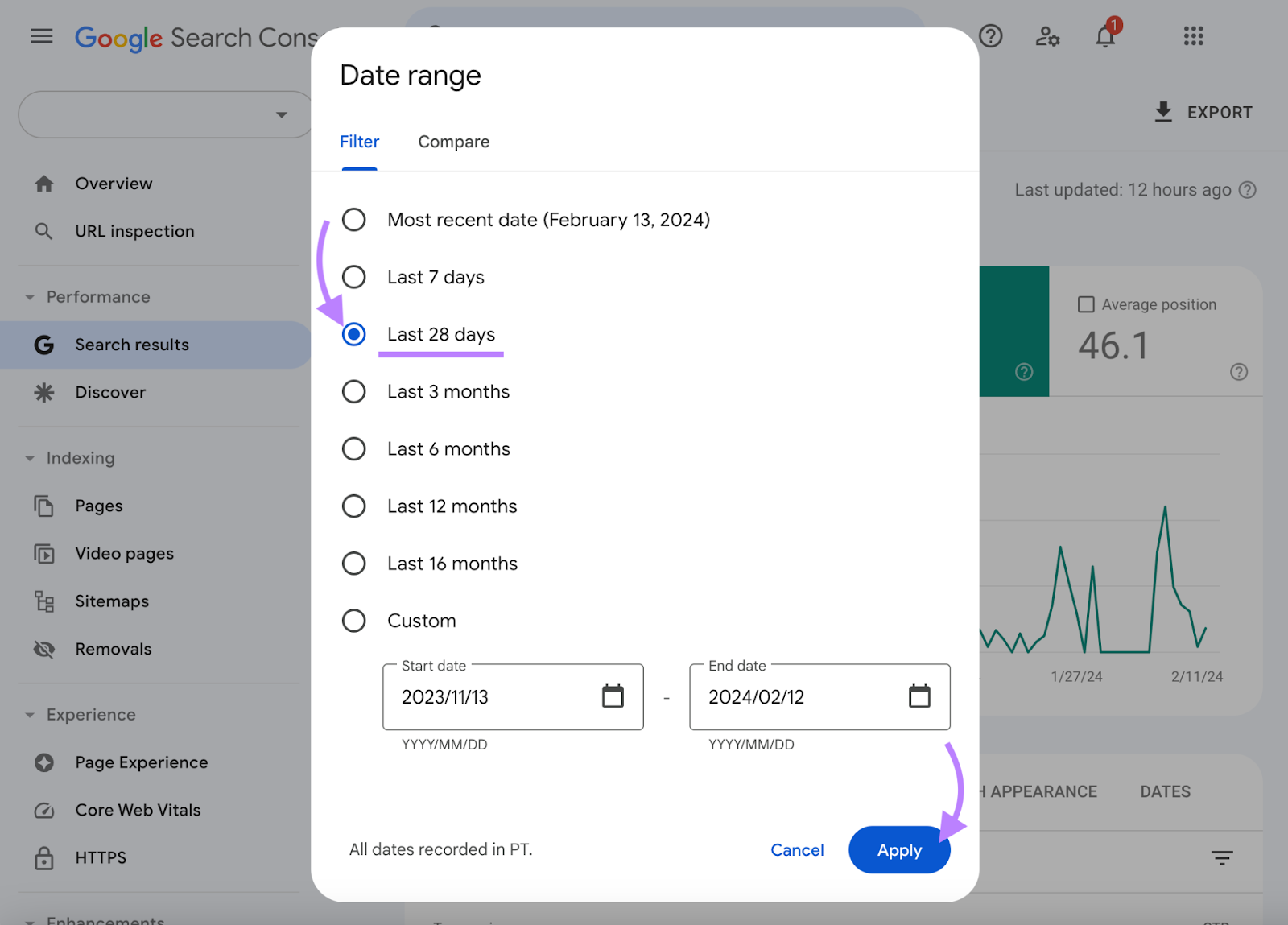 "Date range" pop-up window in Google Search Console