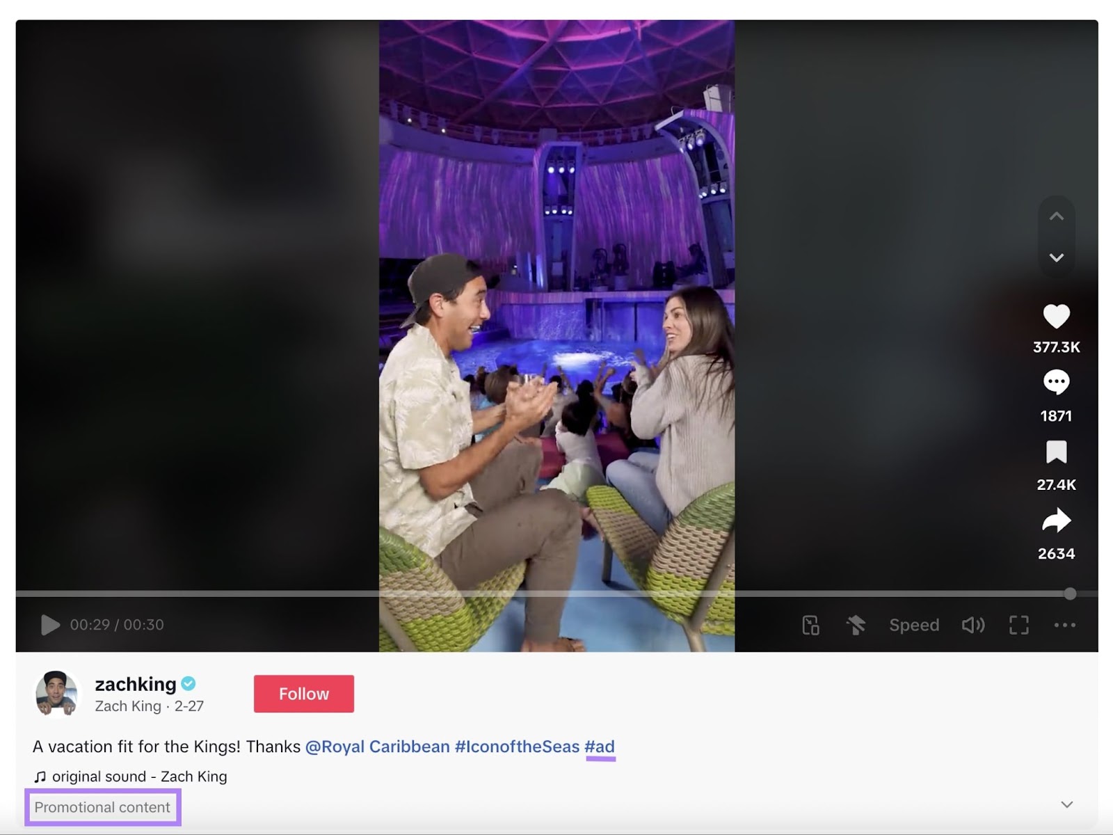 Zach King with his wife on a Royal Caribbean ship in the bar performing a magic trick