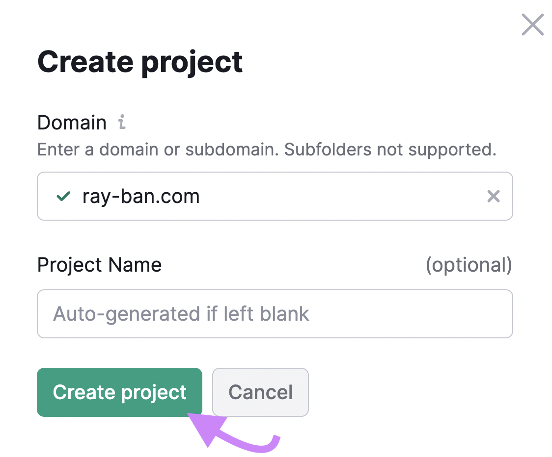 "ray-ban.com" domain entered under the "Create project" pop-up window