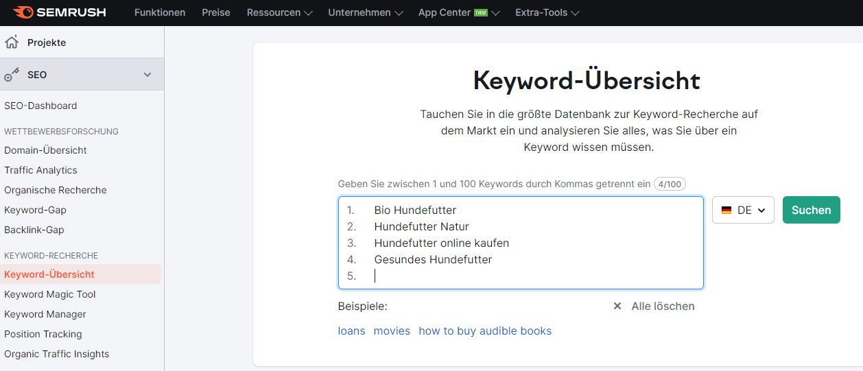 Screenshot: Keyword-Übersicht