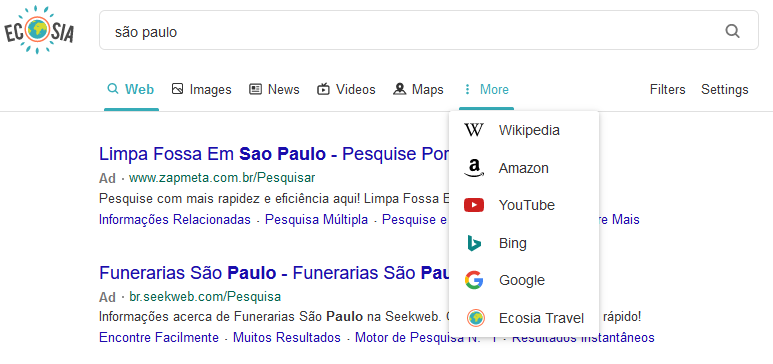 Os 10 principais motores de busca 13 opções de busca no ecosia