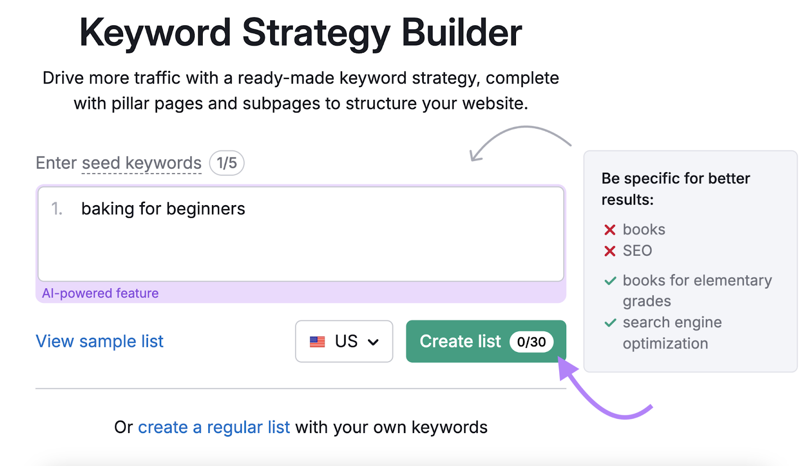 keyword "baking for beginners" entered into tool