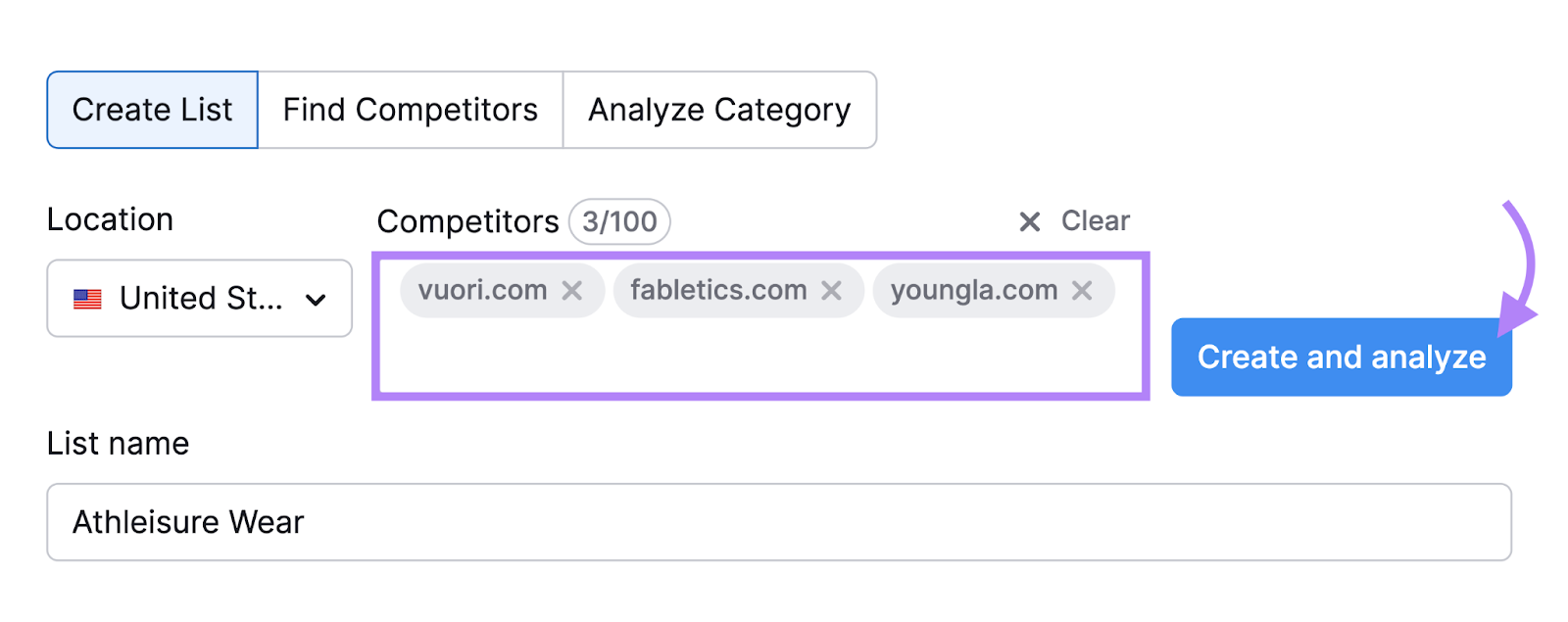 "vuori.com," "fabletics.com," and "youngla.com" entered into the Market Explorer hunt  bar