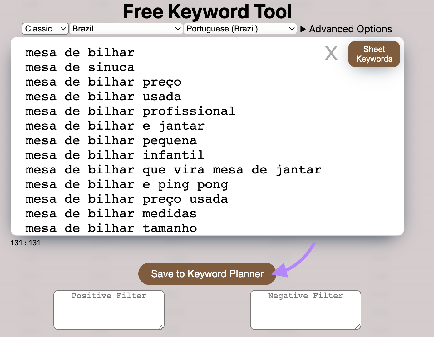 resultados da ferramenta keyword sheeter