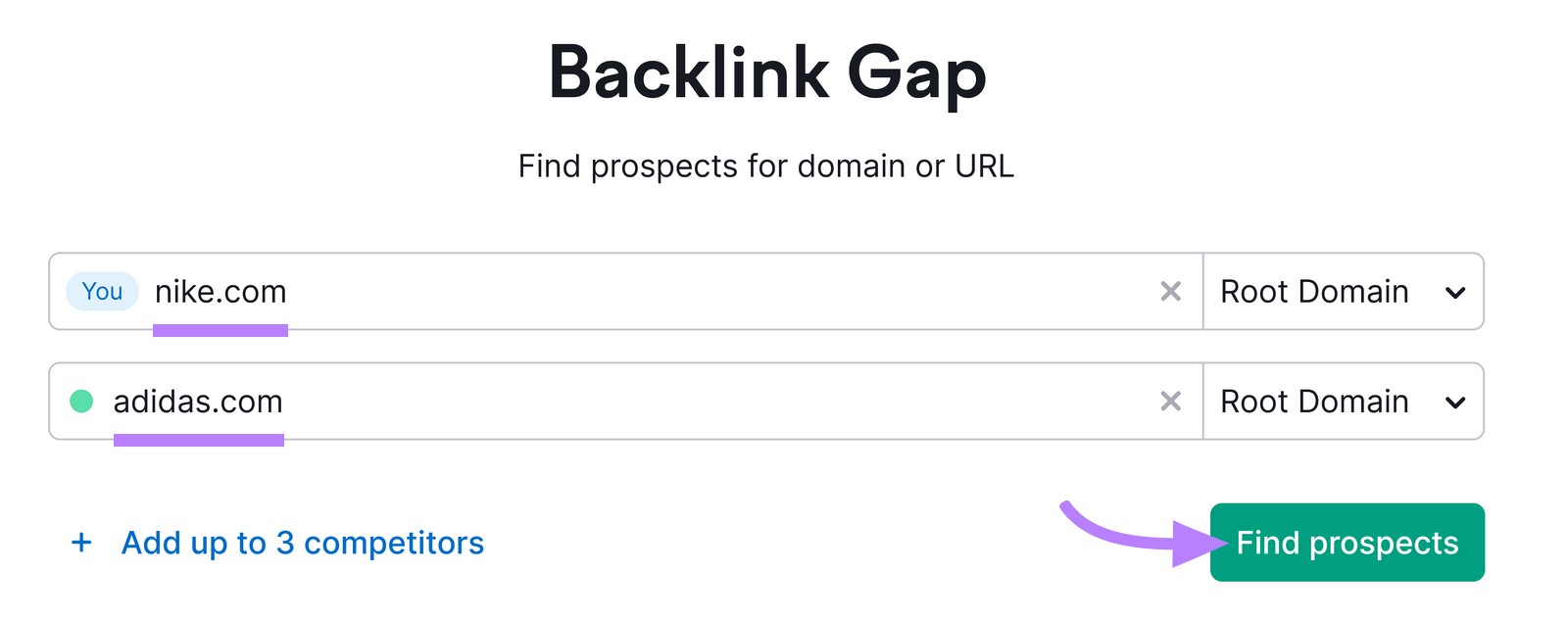 enter your competitors’ domains in Semrush’s Backlink Gap tool