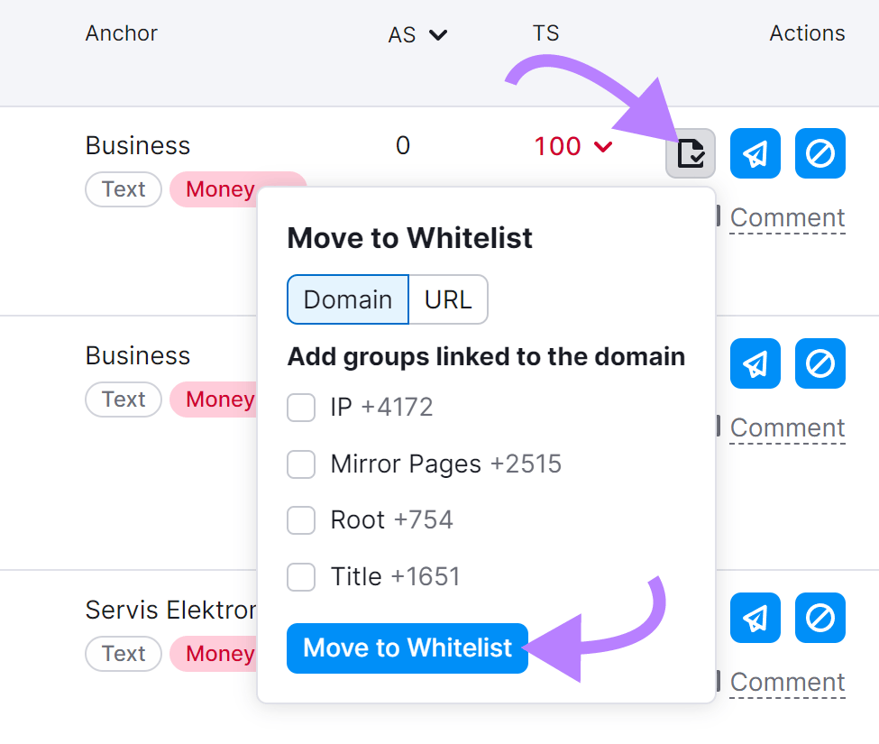 “Move to Whitelist" pop-up in Backlink Audit tool