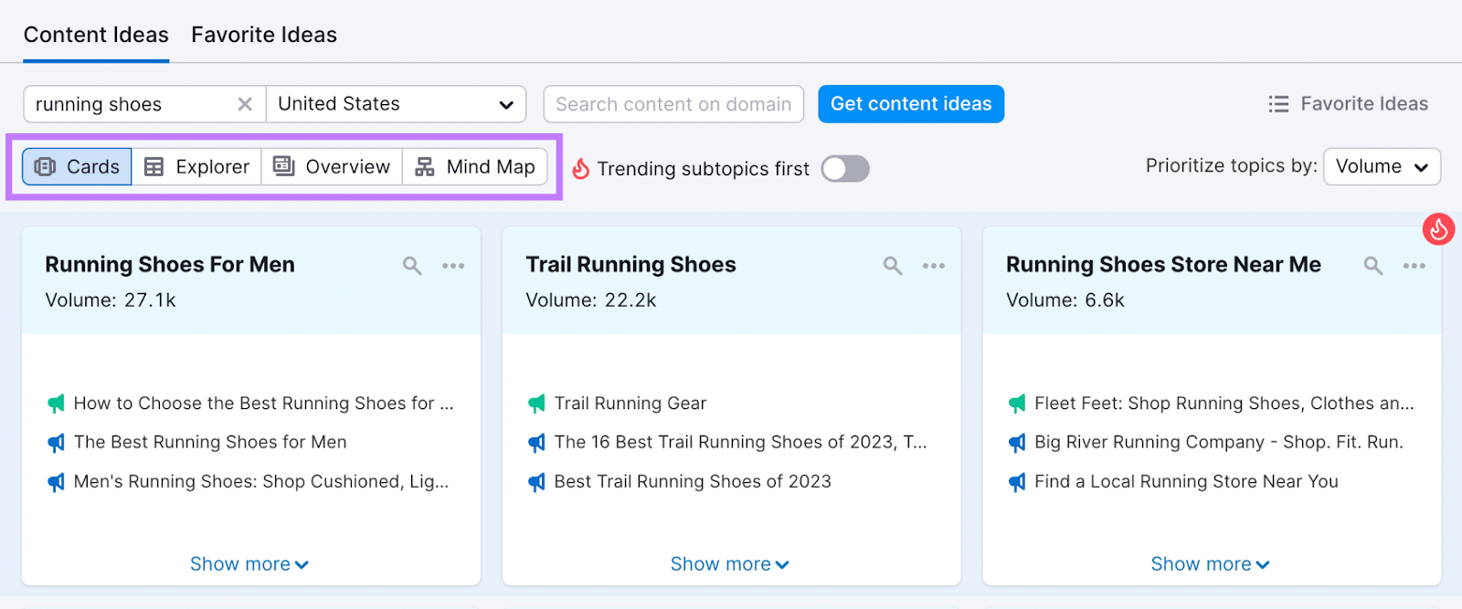 "Cards, Explorer, Overview and Mindmap" tabs highlighted