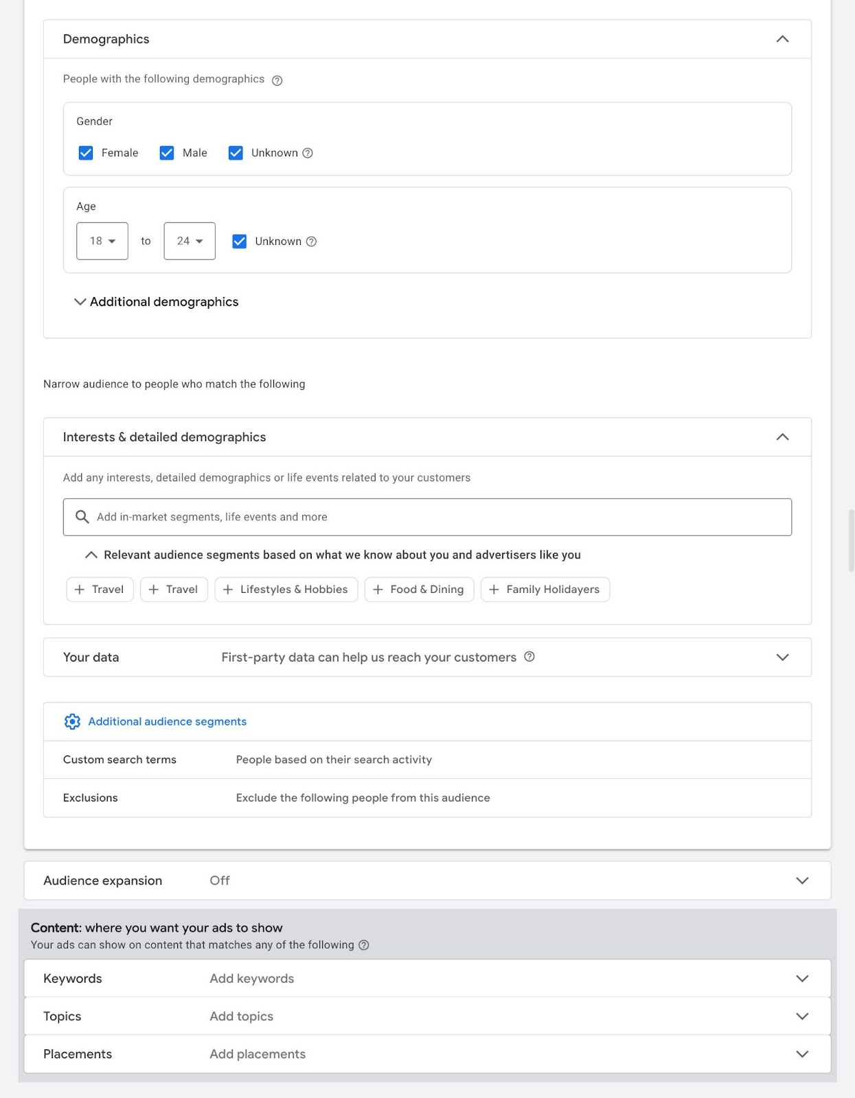 Audience targeting settings on Google Ads with options to specify audience based on gender, age, interests, etc.