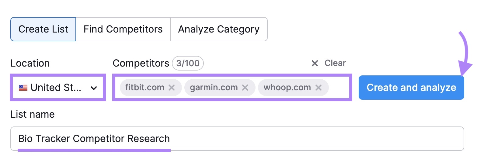 "Create List" on Market Explorer with three domains entered, a location selected, plus "Create and analyze" clicked