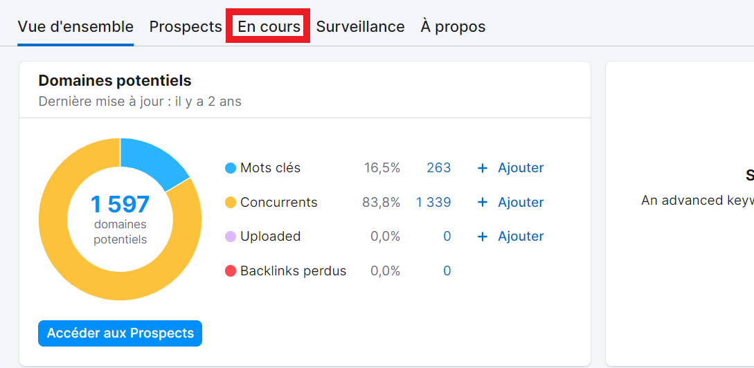 Onglet En cours dans Link Building Tool