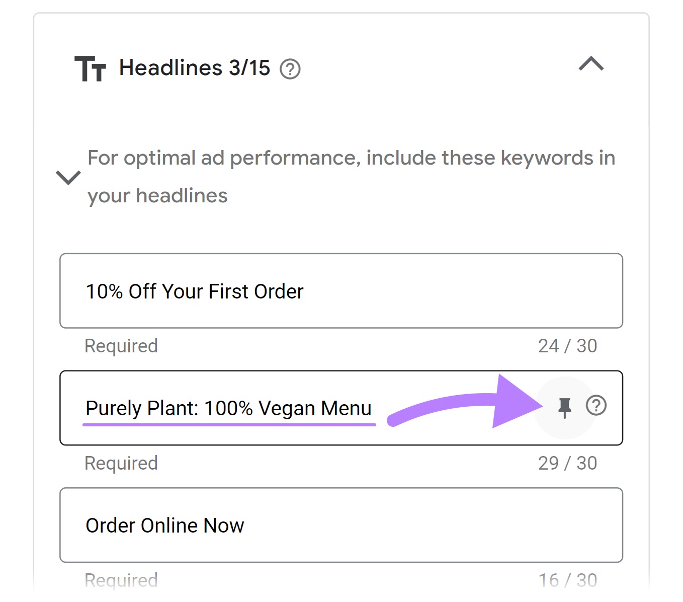 A pin icon highlighted next to headline in Google Ads form