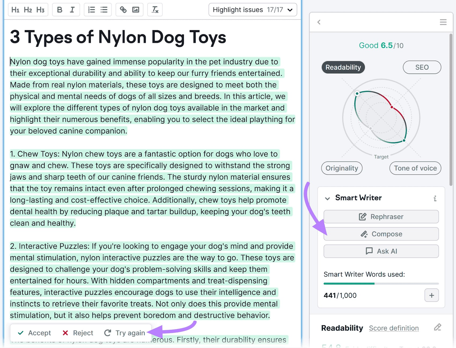 "3 Types of Nylon Dog Toys" draft in SEO Writing Assistant with "Compose" highlighted on the right