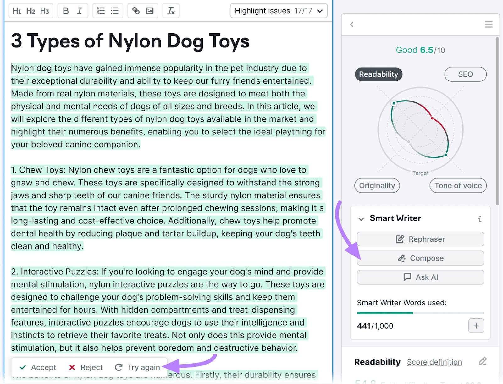 "3 Types of Nylon  Toys" draft in SEO Writing Assistant with "Compose" highlighted on the right