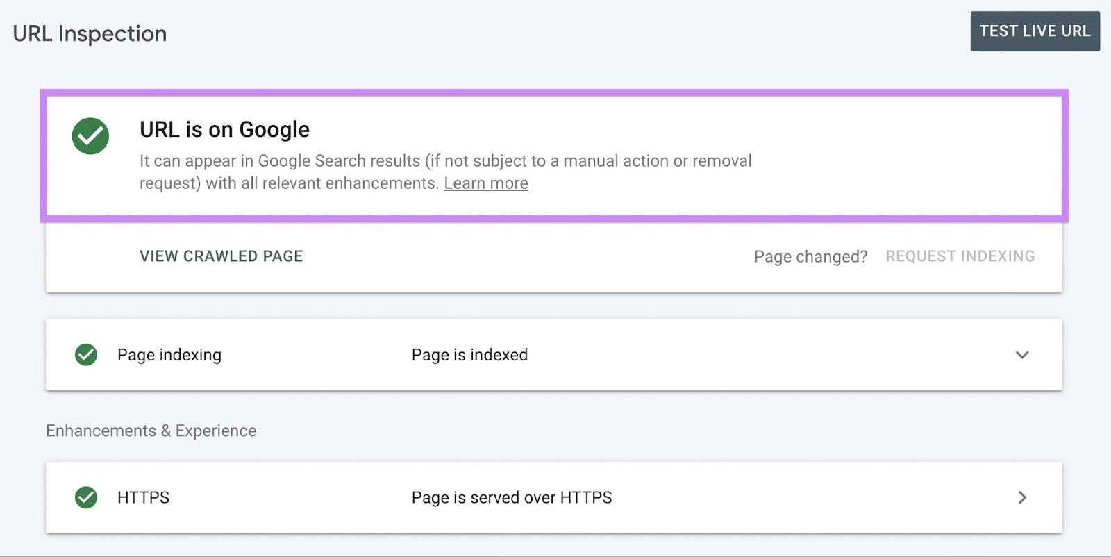 "URL is connected  Google" connection   successful  URL Inspection Tool