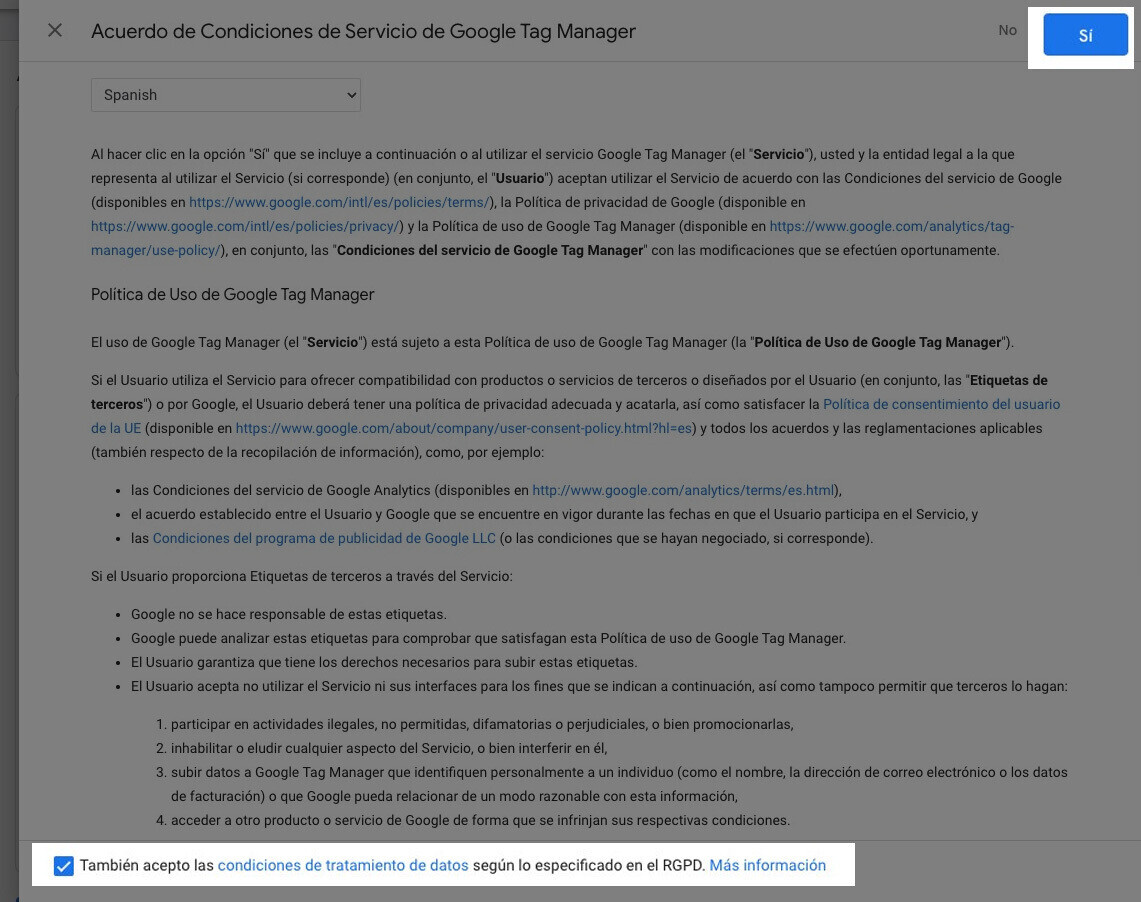 Aceptar las condiciones de servicio de GTM