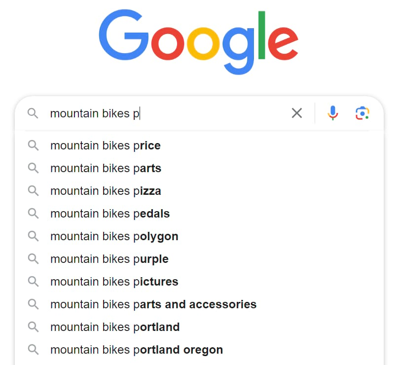 Google’s autocomplete drop-down list when typing "mountain bikes p" in the search bar