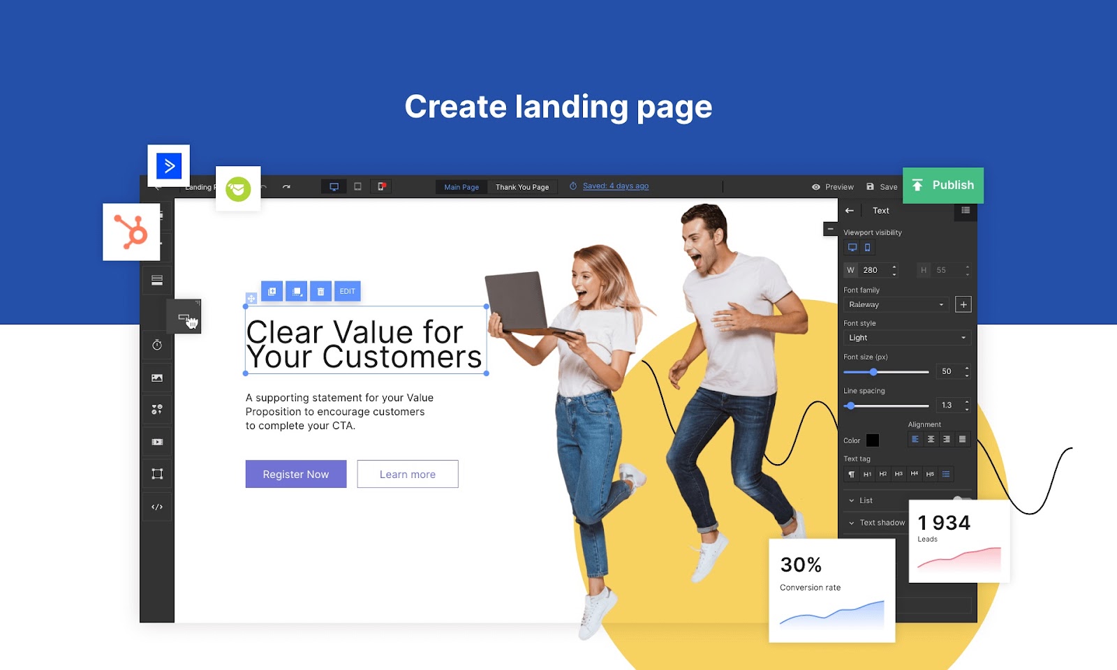 Semrush Landing Page Builder hero image showing the tool interface, icons of integrations, and results that can be achieved