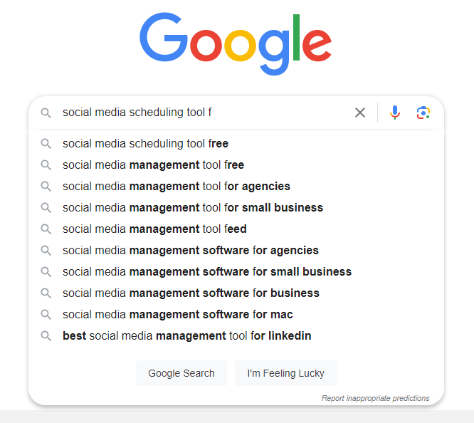 Google autocomplete suggestions for “social media scheduling tools f”