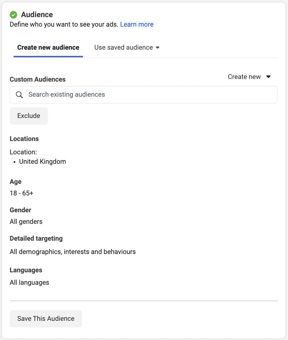"Create new audience" section in Facebook ads