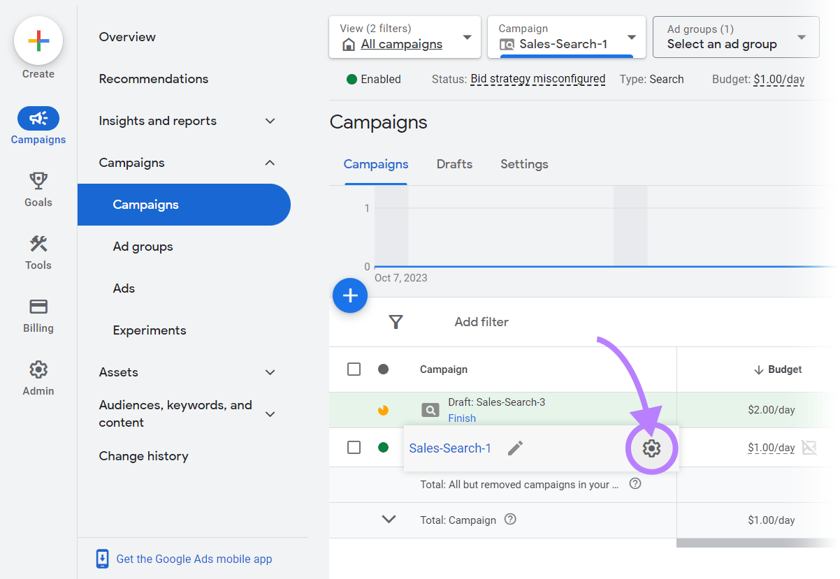 “Settings” icon beside the run  sanction  successful  Google Ads