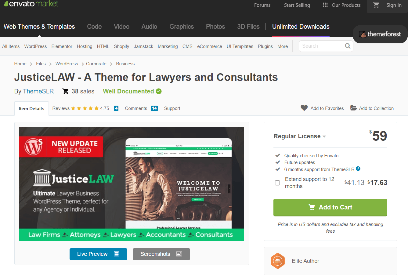 "A Theme for Lawyers and Consultants" product listing on Envato Market