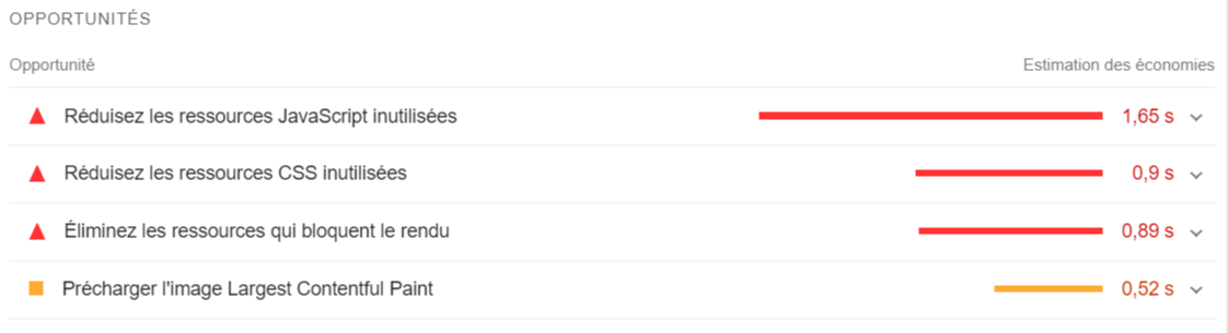 PageSpeed Insights, opportunités