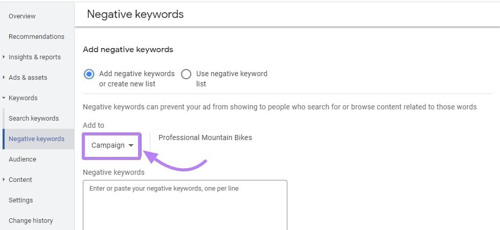 choosing the campaign you want to add the negative keywords to